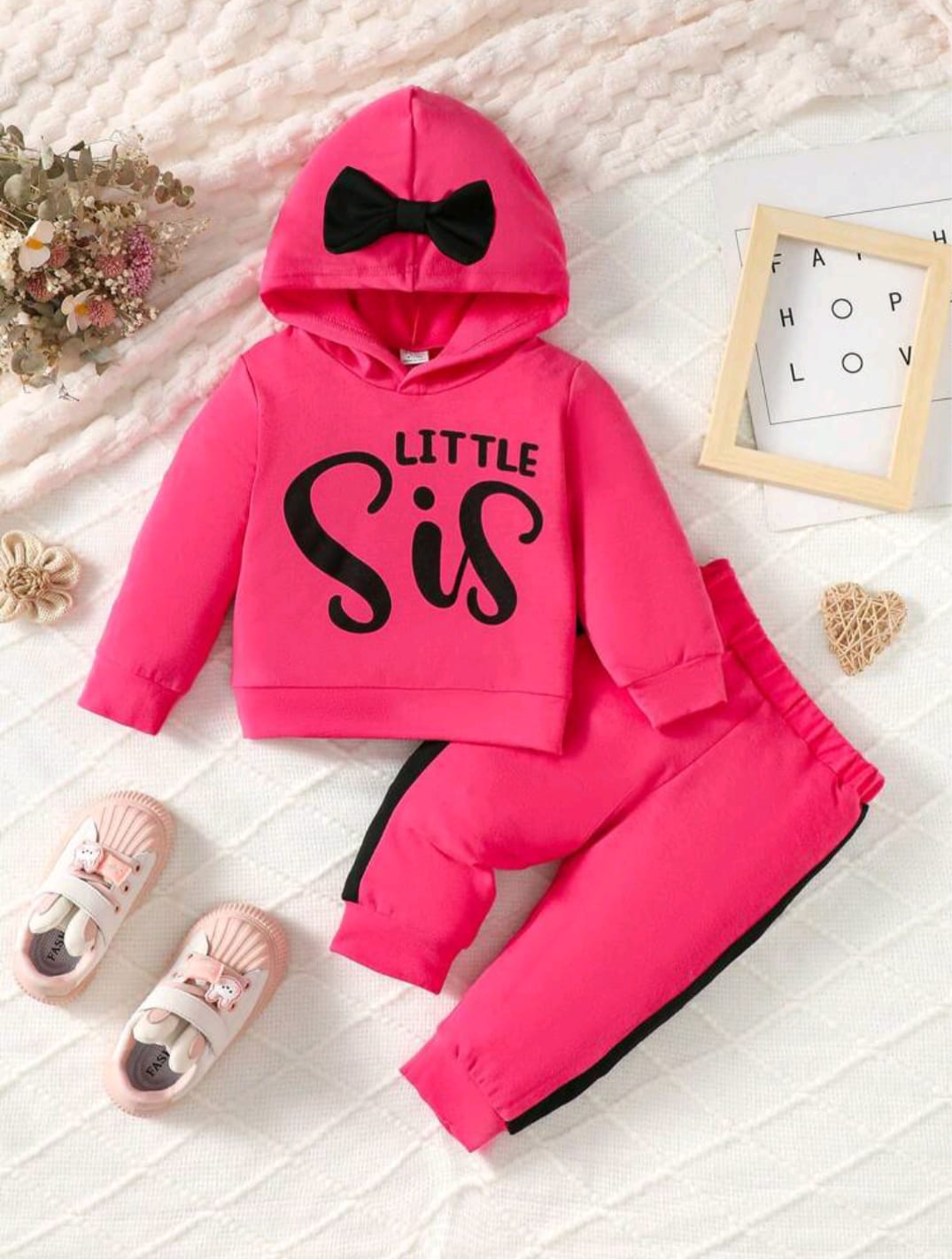 Plush Hoodied Fleece Shirt & Trouser - Little Sis in Hot Pink