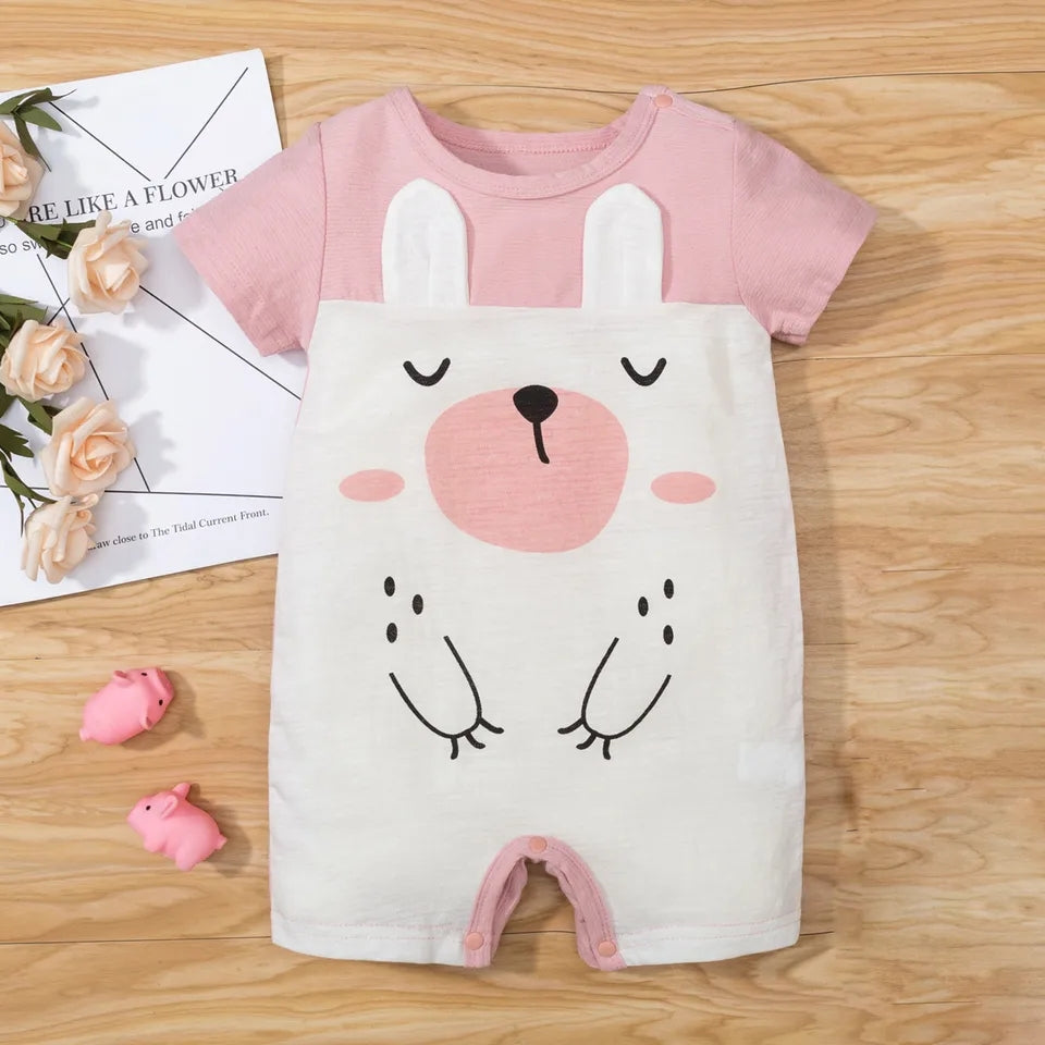 Plush-Printed Romper - Pink & White Contrast Plush Cat