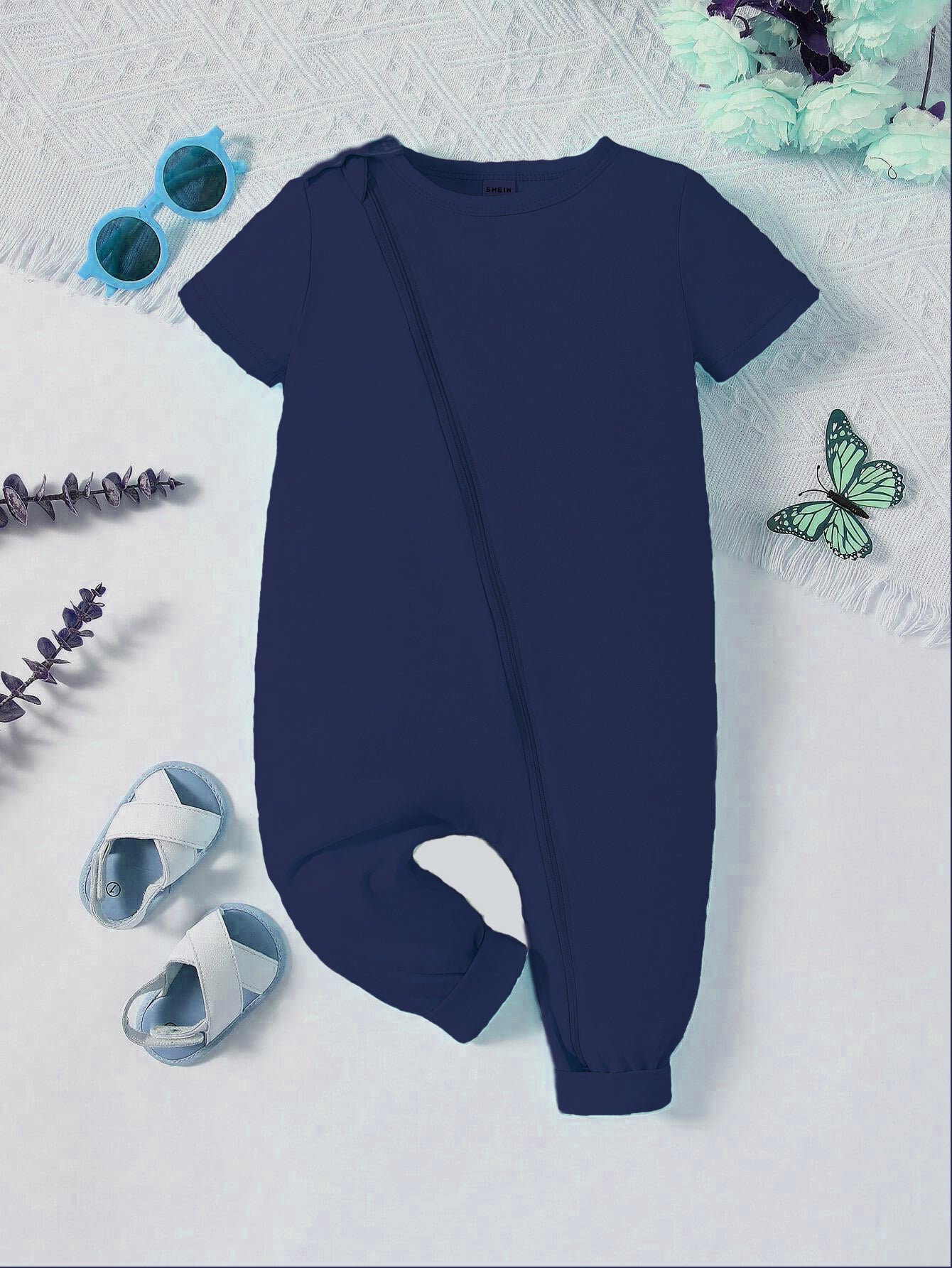 Plush-Premium Half Sleeve Romper - - Indigo