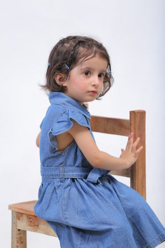 Plush-Basic Denim Frock with Ruffled Sleeves and Belt