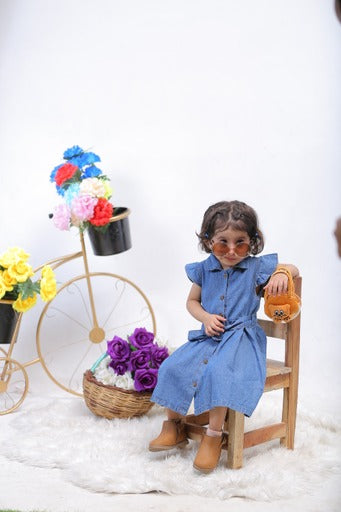 Plush-Basic Denim Frock with Ruffled Sleeves and Belt