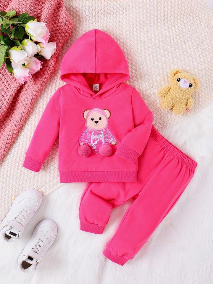 Plush Hoodie Style - Basic Bear Fleece Sweat Set Baby Pink