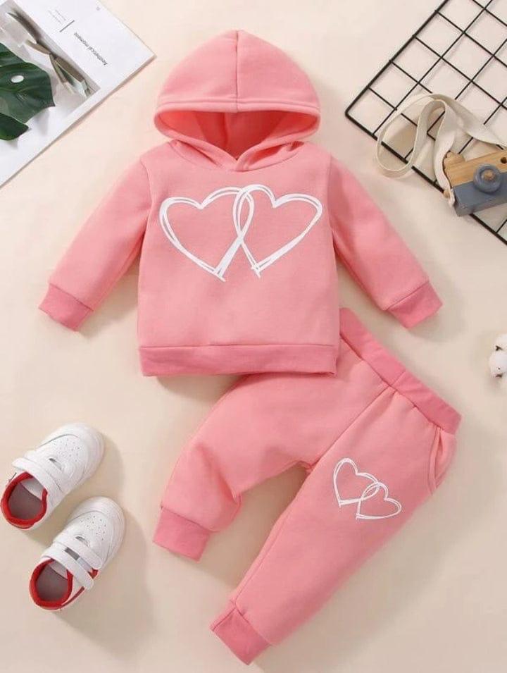 Plush Hoodie Style - Double Hearts Fleece Basic Set Pink
