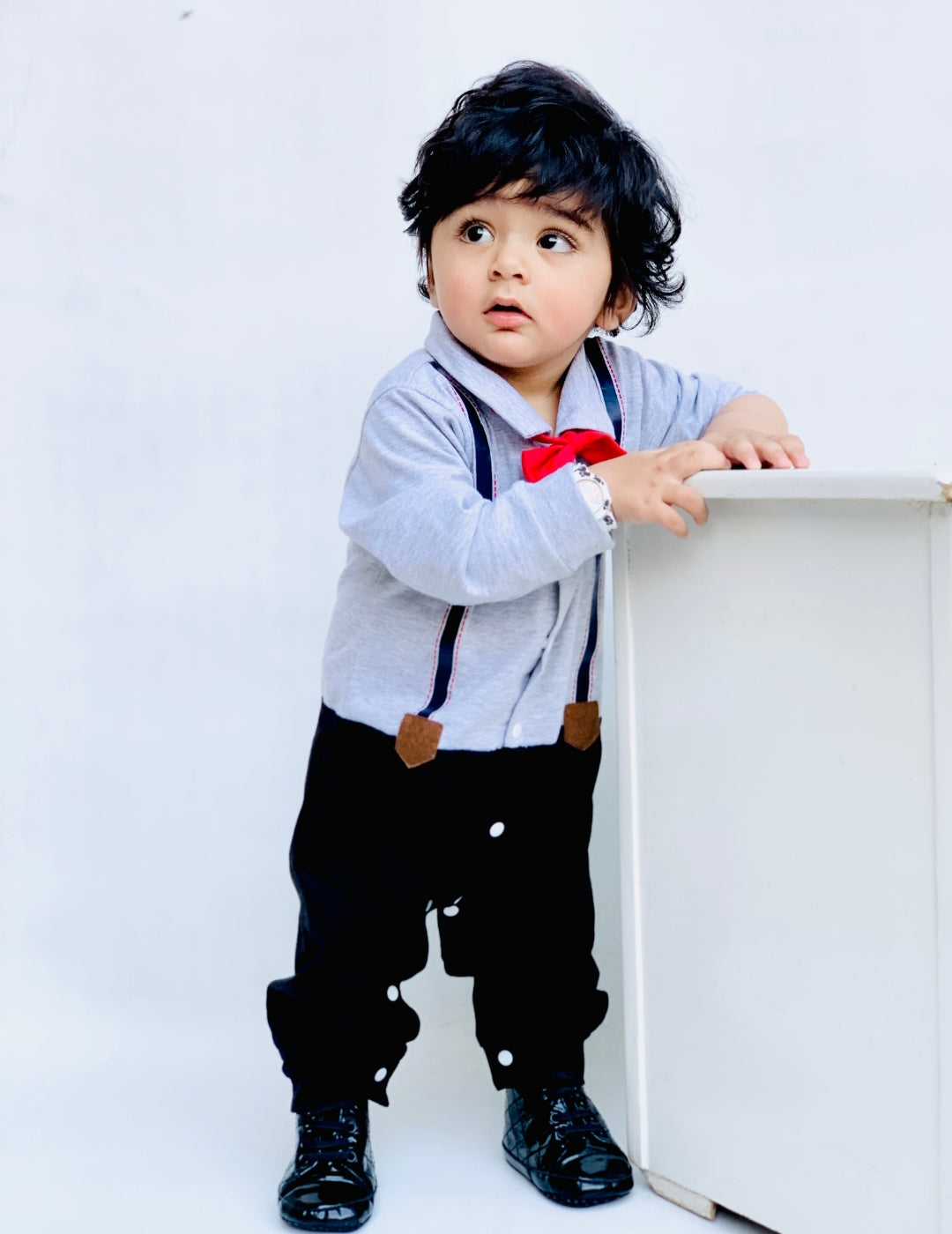 Plush-Polo Romper - Grey & Black Contrast with Bowtie