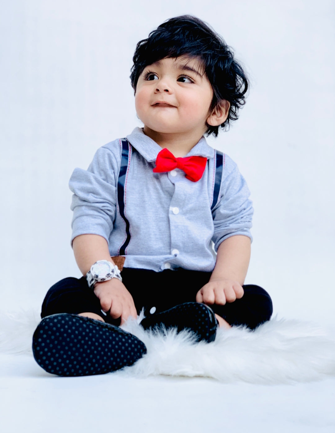 Plush-Polo Romper - Grey & Black Contrast with Bowtie