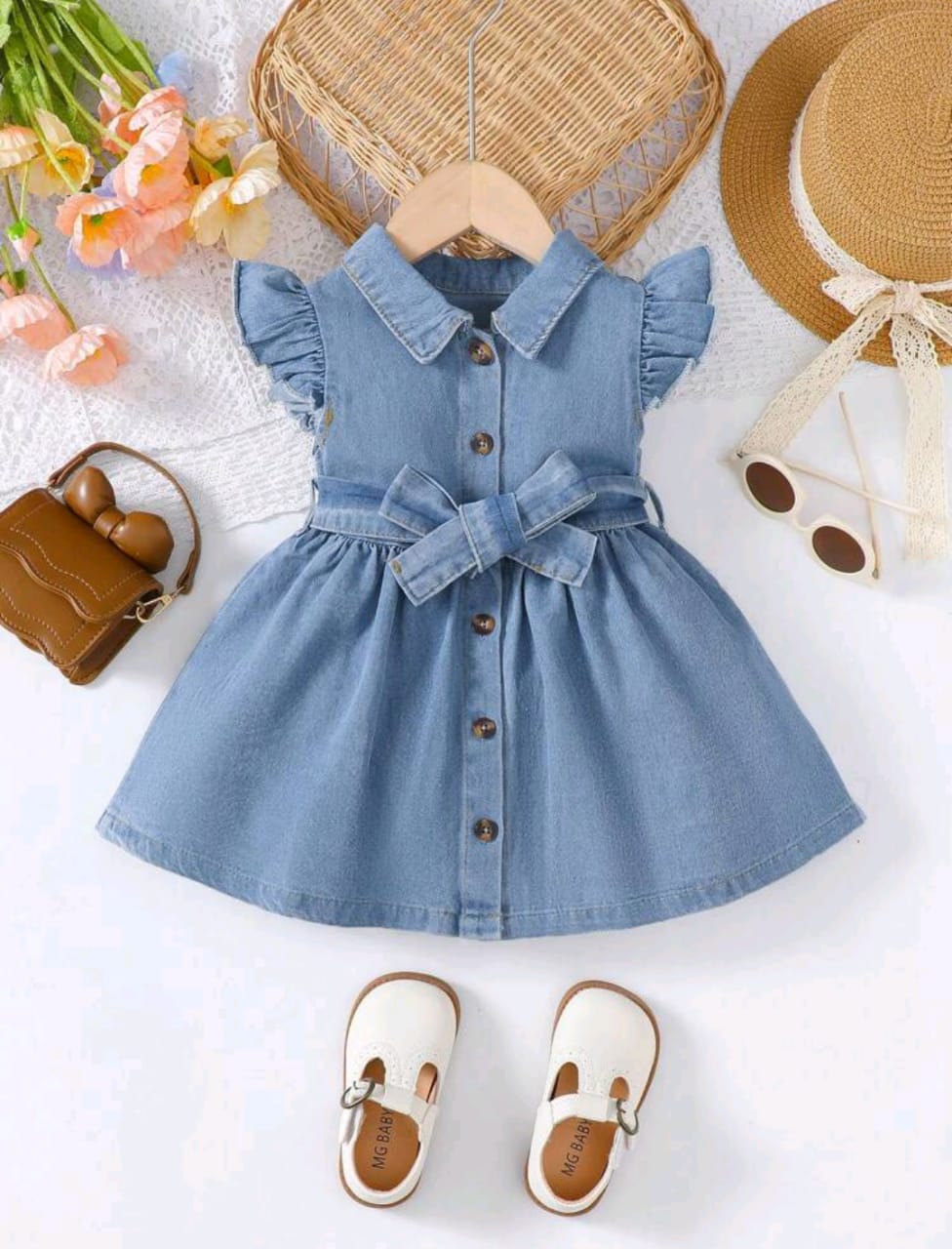 Plush-Basic Denim Frock with Ruffled Sleeves and Belt