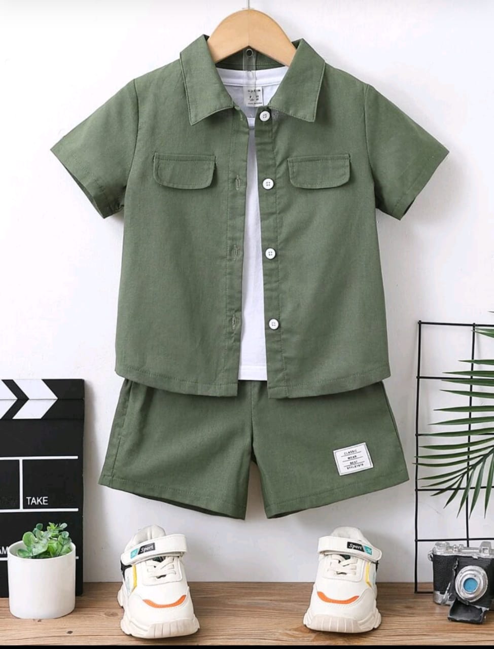 Plush-Boys Short and Shirt Set - Olive Green