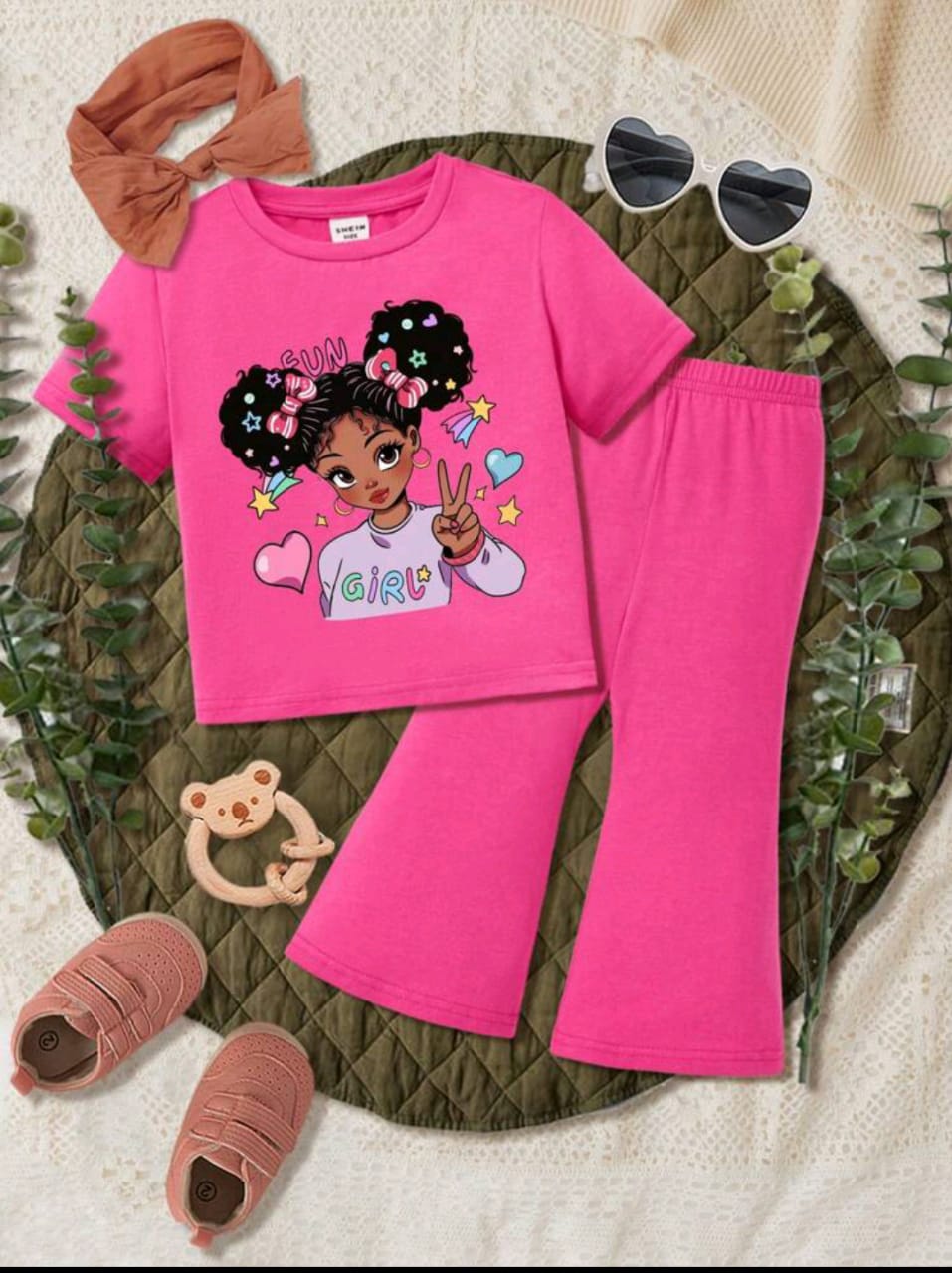 PLUSH-Nifty Basics - Girl Print in Pink with Trousers