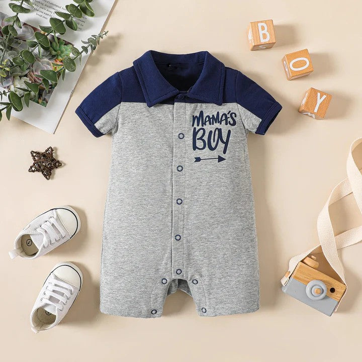Plush-Polo Romper - Blue & Grey Contrast Mamas Boy