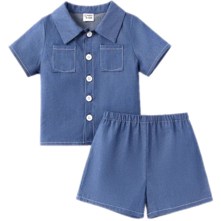 Plush-Denim Short Shirt Set Blue