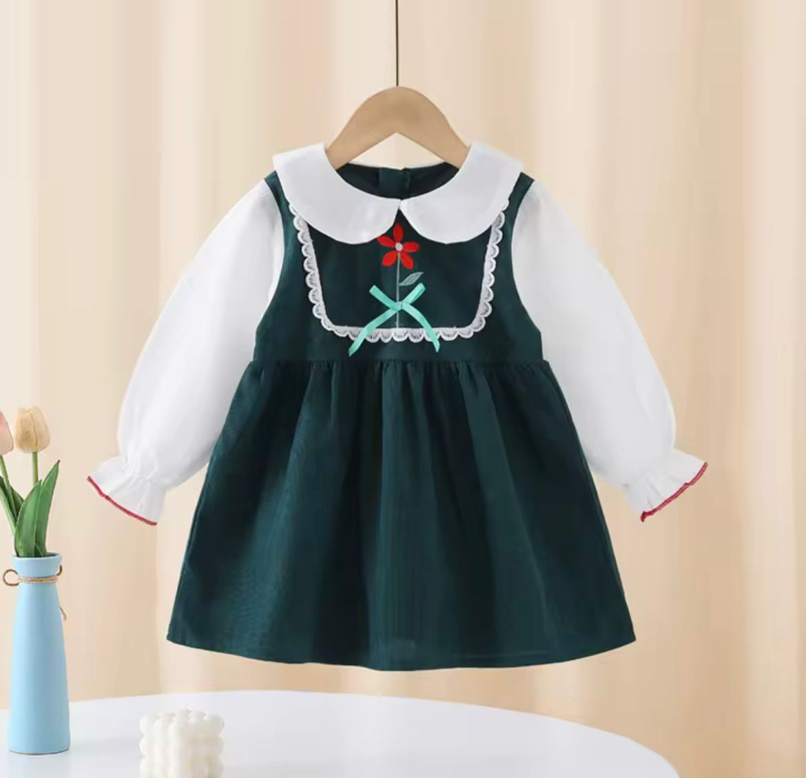 TODDLER GIRL KIDS EMBROIDERY FLOWER LONG SLEEVES DRESS-GREEN
