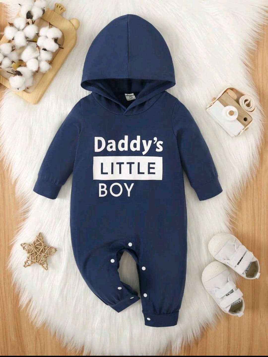 Plush-Hoodie Romper - Daddys Boy in Dark Blue