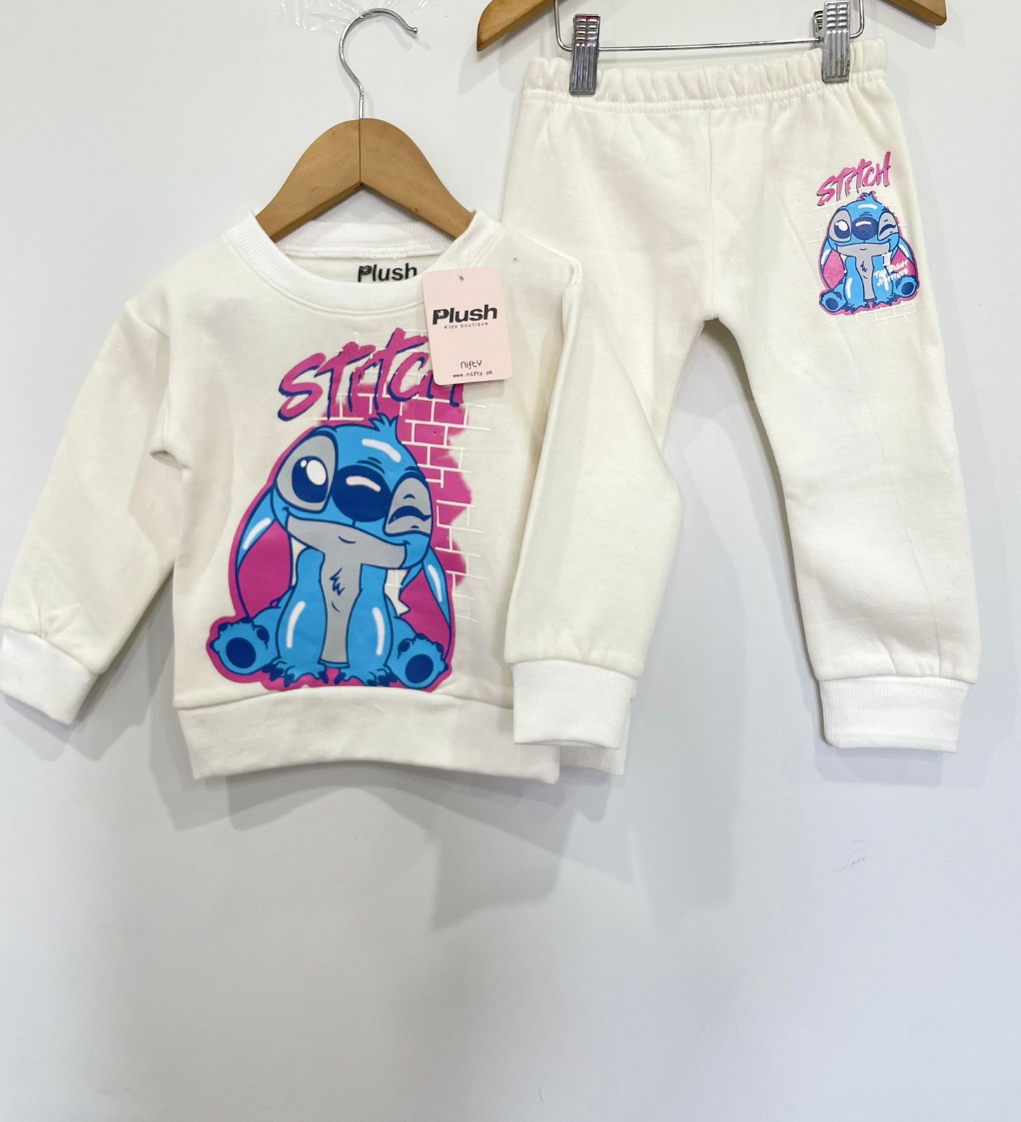 Plush  Fleece Shirt & Trouser - Stitch in White