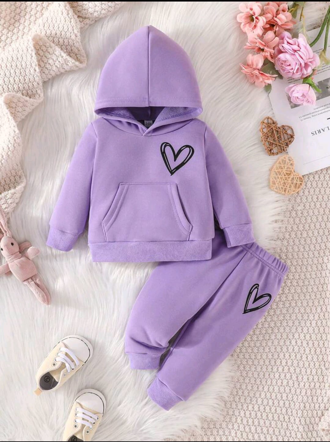 Plush Hoodied Fleece Shirt & Trouser - Basic Heart in Light Purple