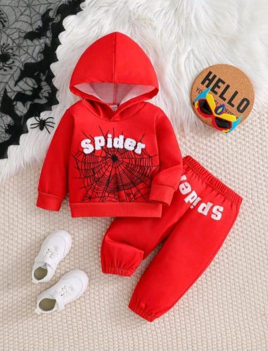 Plush  Hoodied Fleece Shirt & Trouser - Spider Man in Red
