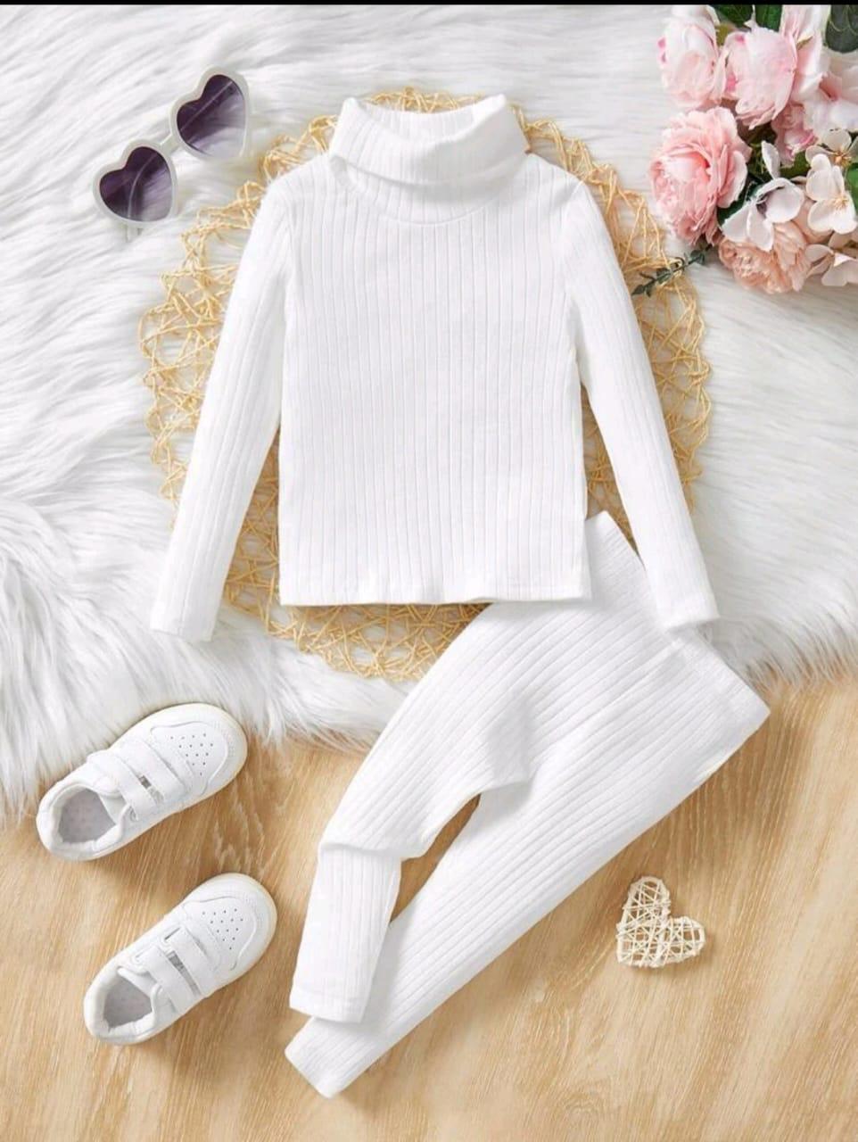 Plush - Shoulder High Neck Style Ribbed Knit Basic Set - white