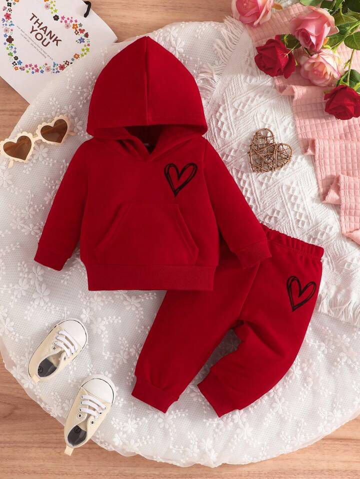 Plush  Hoodied Fleece Shirt & Trouser - Heart Basic in Red