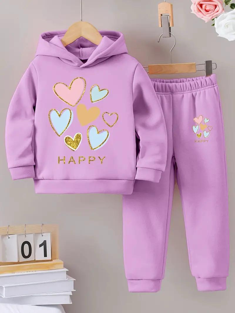 Hooded Sweatshirt Trousers Set - Happy Hearts in Purple