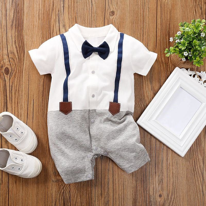 Plush-Polo Romper - White & Grey Contrast with Bowtie