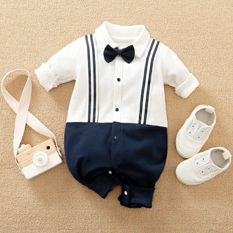 Plush-Polo Romper - White & Blue Contrast with Bowtie & Stripes