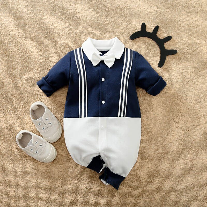 Plush-Polo Romper - Blue & White with Printed Stripes