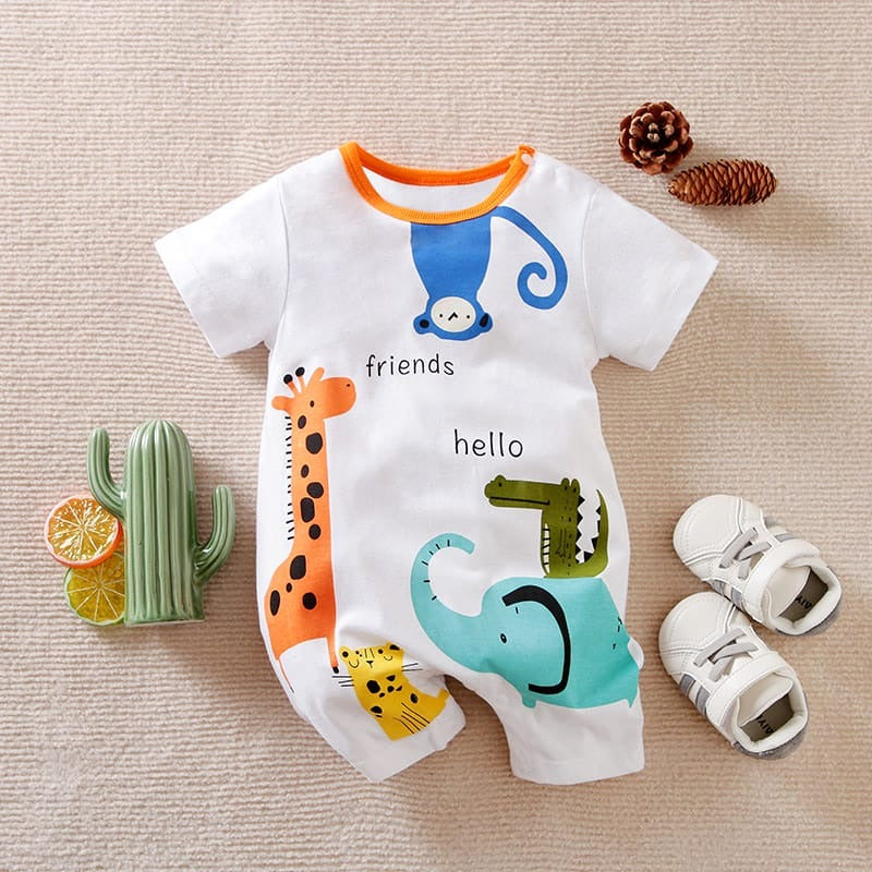 Plush-Printed Rompers - Animal Kingdom - White