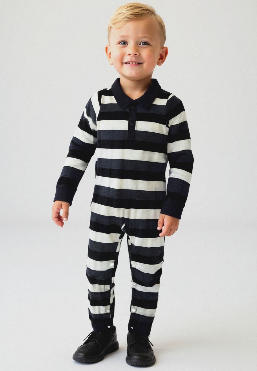Plush-Polo Romper - Black & White Stripes