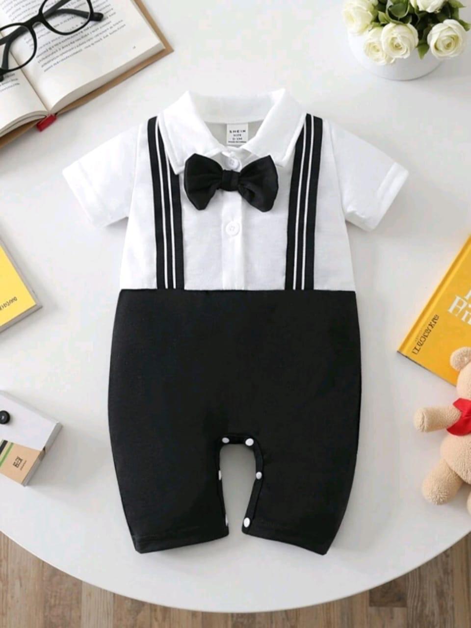 Plush-Polo Romper - White & Black Contrast with Bowtie