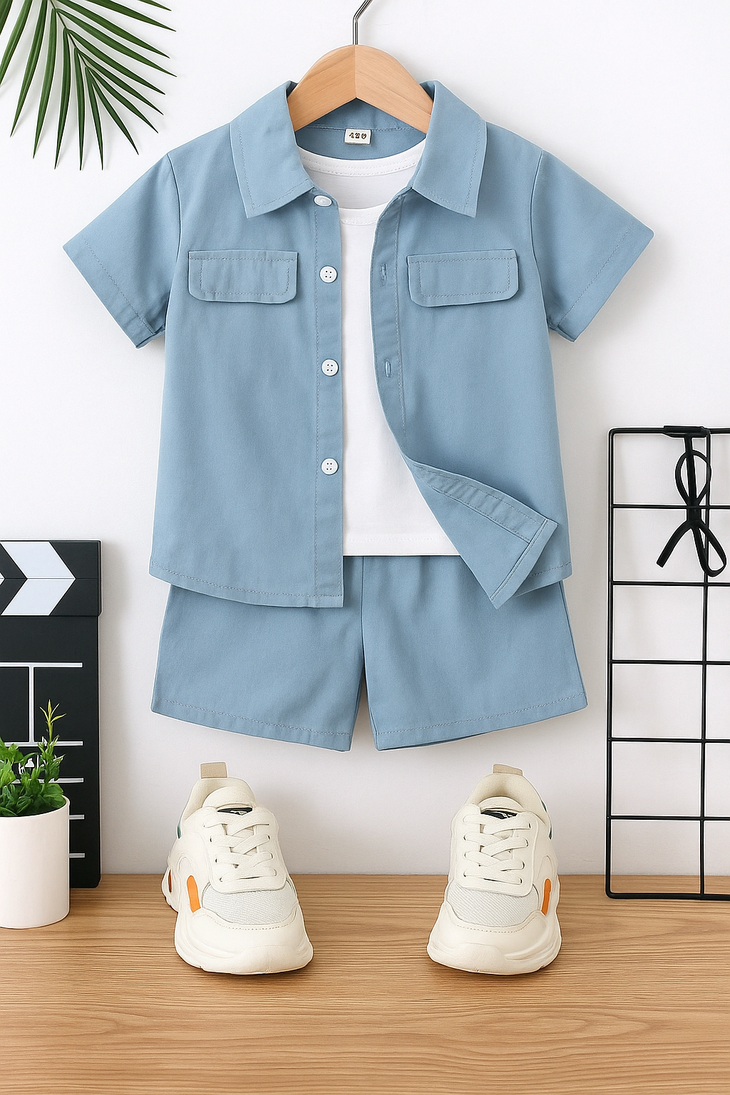 Plush-Boys Short and Shirt Set - Ice Blue
