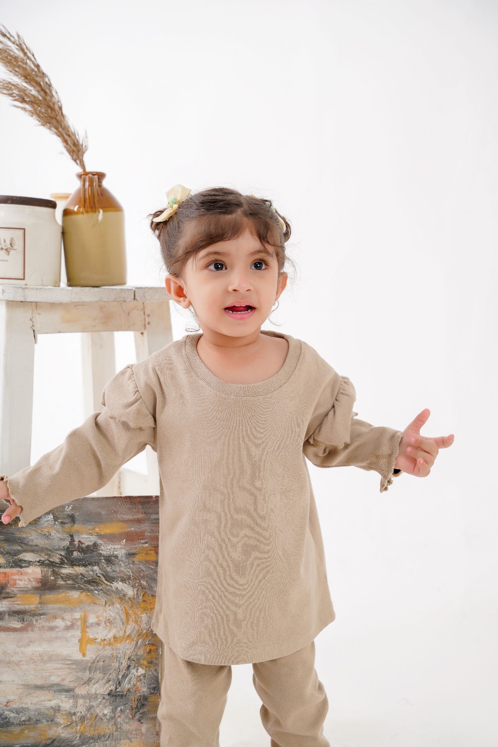 Plush Shoulder Frill Style Ribbed Knit Basic Set - Caramel