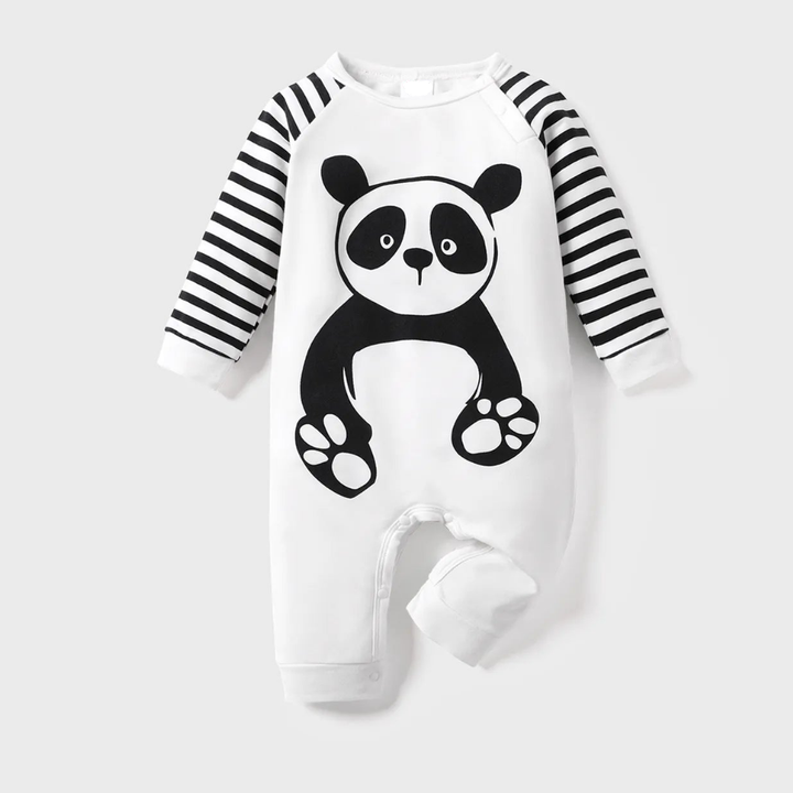 Plush-Printed Romper - Black Stripes Panda