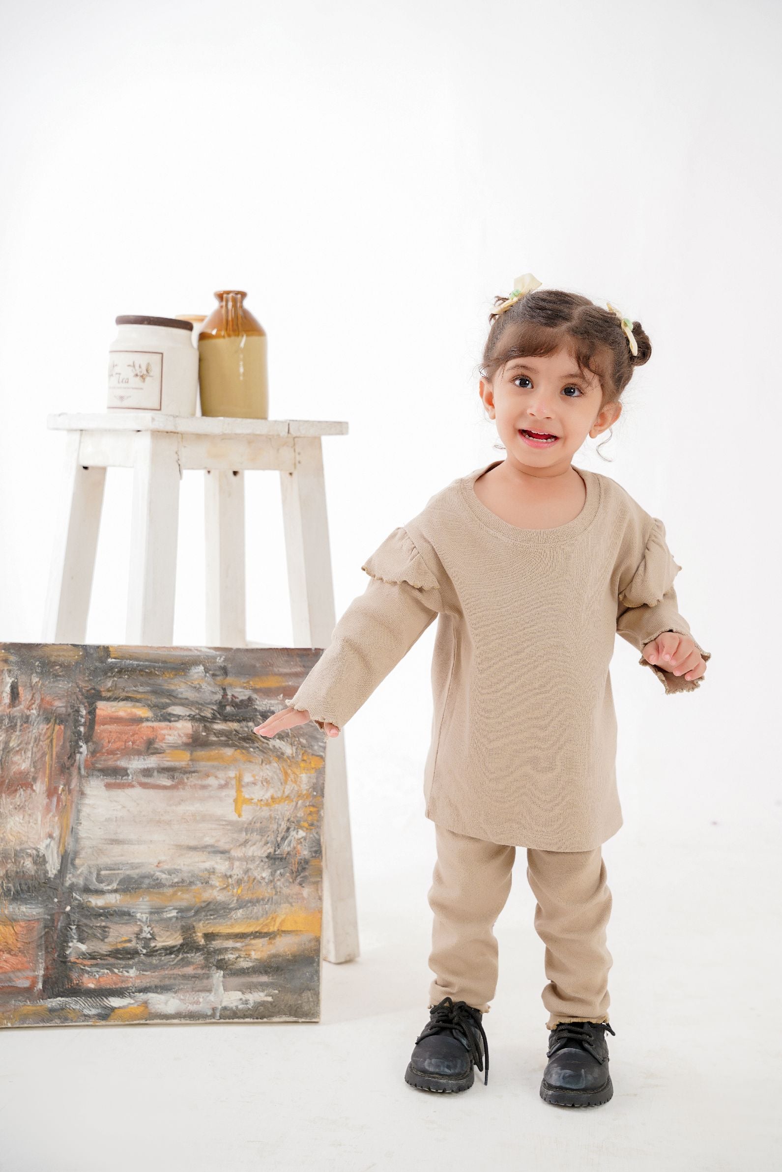 Plush Shoulder Frill Style Ribbed Knit Basic Set - Caramel