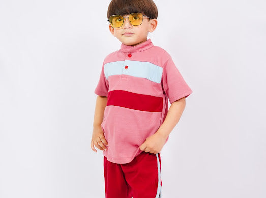 Plush-Baby Plaid Polo Shirt & Shorts-Blue-Red-Pink