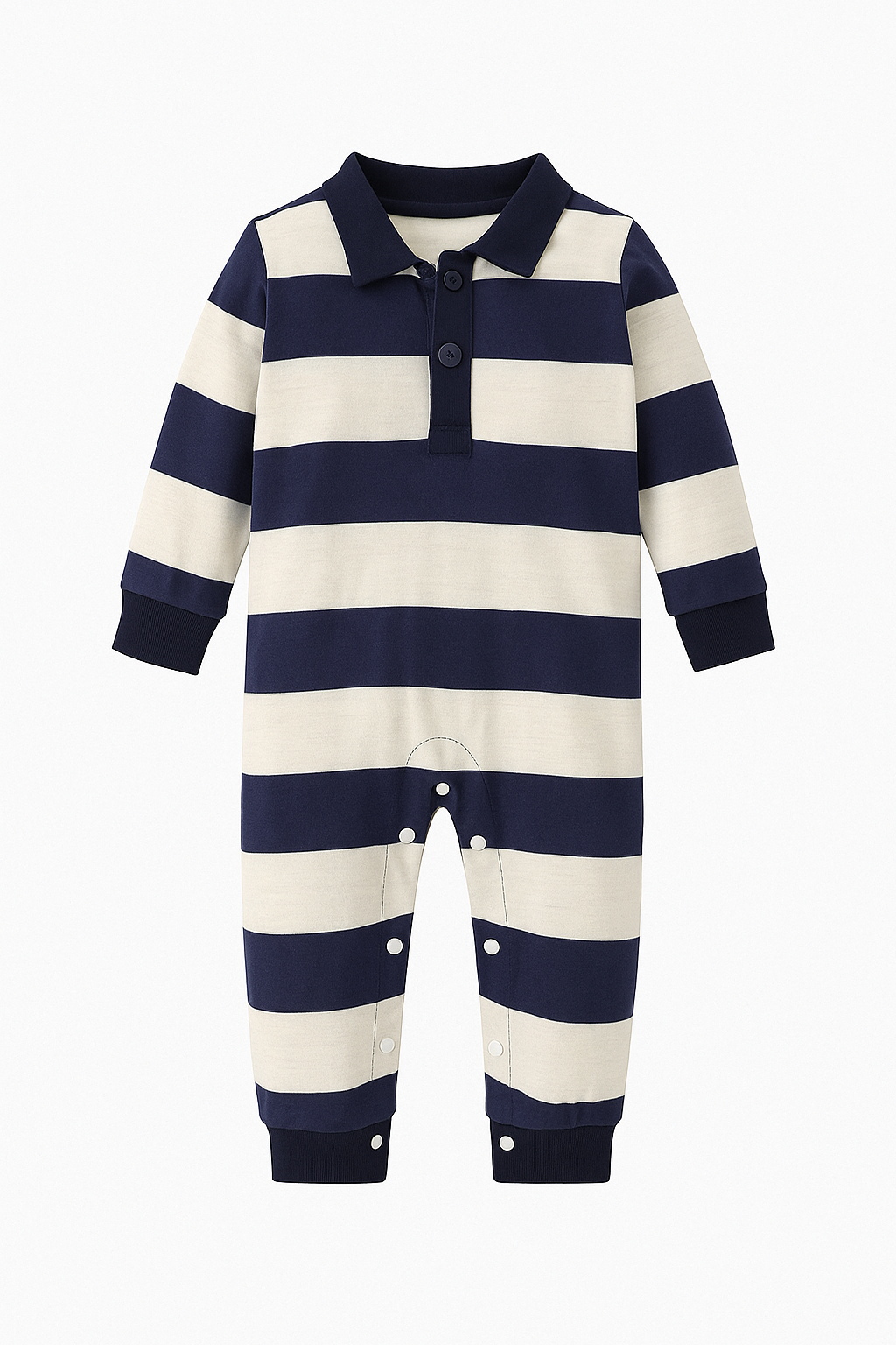 Plush-Polo Romper - Black & Cream Stripes