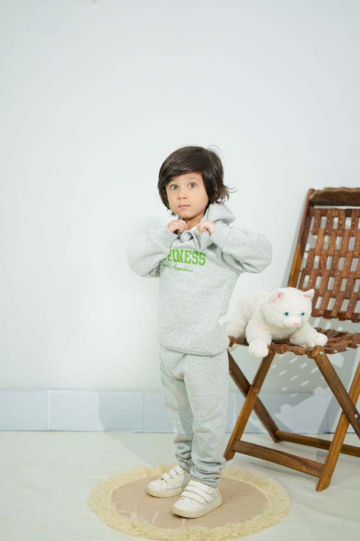 Plush Hoodie Style - Happiness Fleece Sweat Set Grey