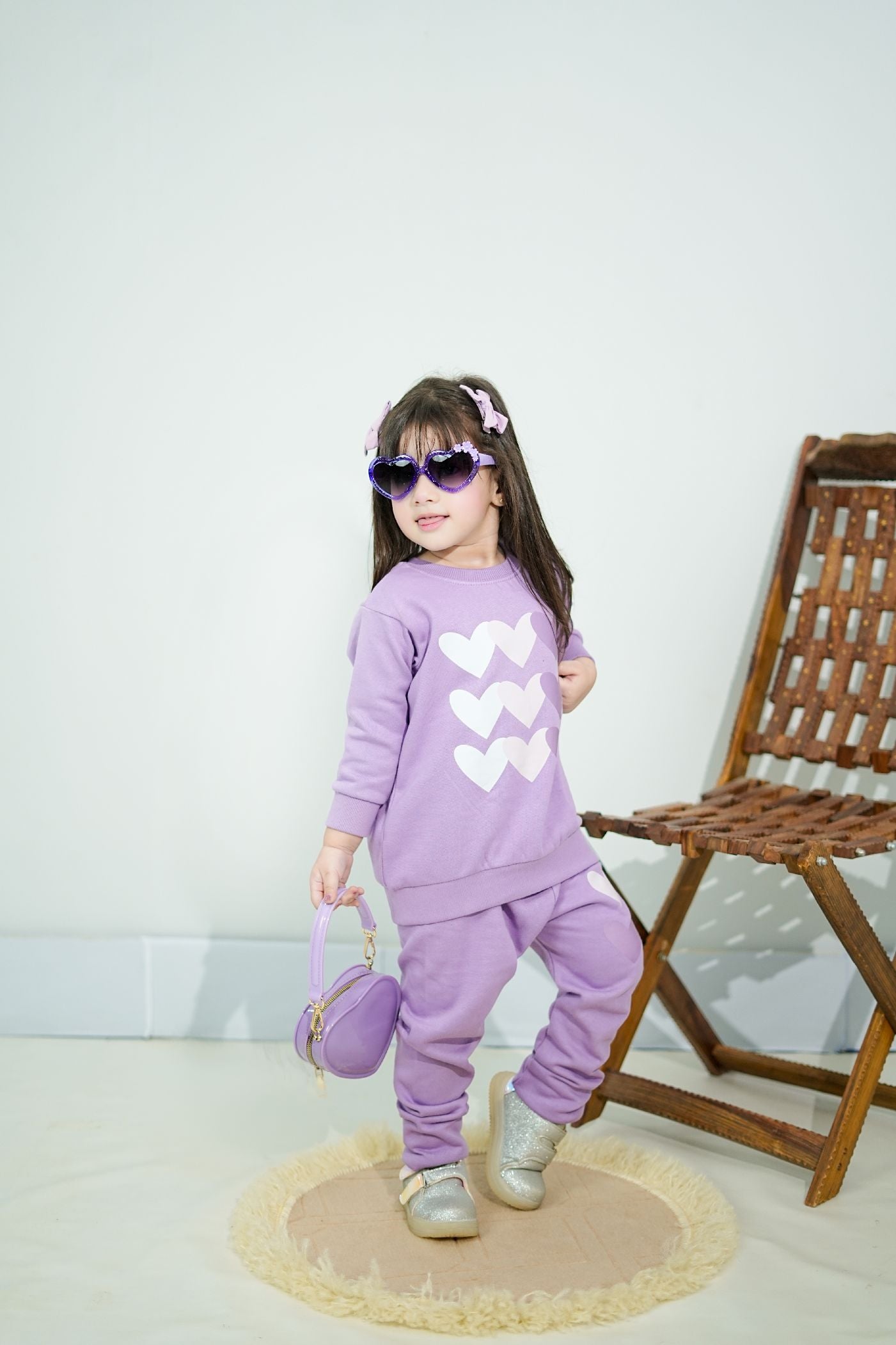 Plush Round Neck - Hearts Fleece Basic Set Purple