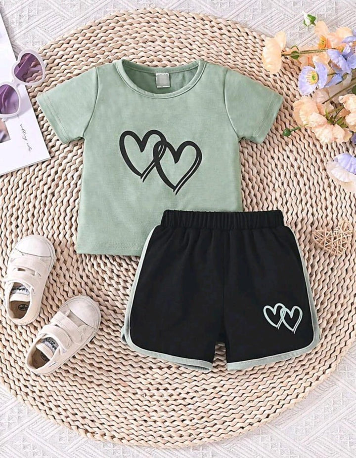 Plush-Nifty Basics Premium Short & Shirt Set - Hearts in Green
