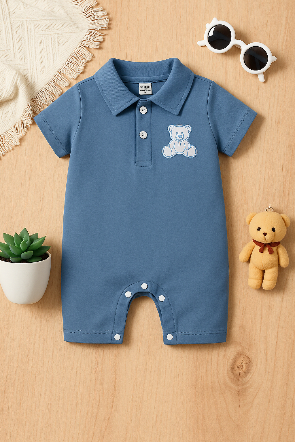 Plush-Polo Romper - Blue