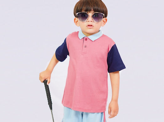 Plush-Baby Plaid Polo Shirt & Shorts-Pink-Blue