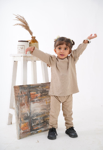 Plush Shoulder Frill Style Ribbed Knit Basic Set - Caramel