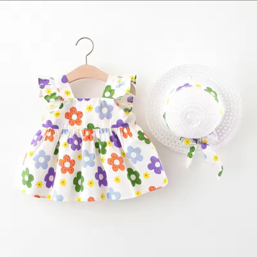Baby Girl 2PCS ALL OVER PRINT SLEEVELESS DRESS WITH HAT