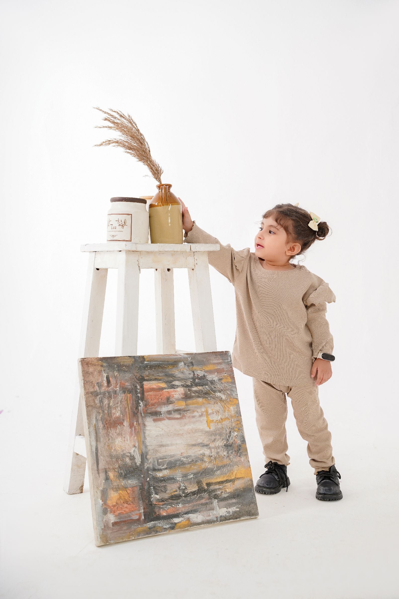 Plush Shoulder Frill Style Ribbed Knit Basic Set - Caramel