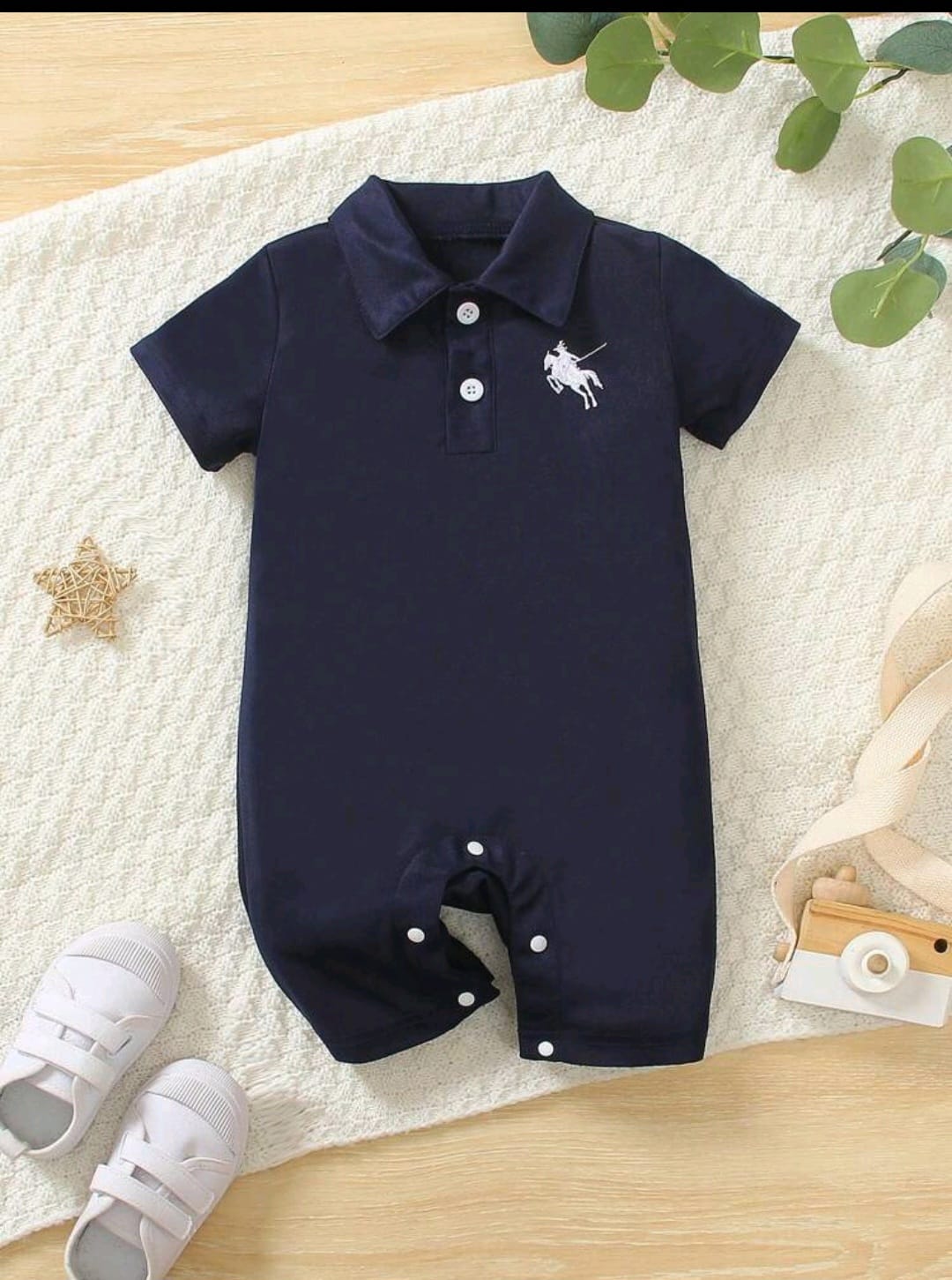 Plush-Polo Romper - Blue