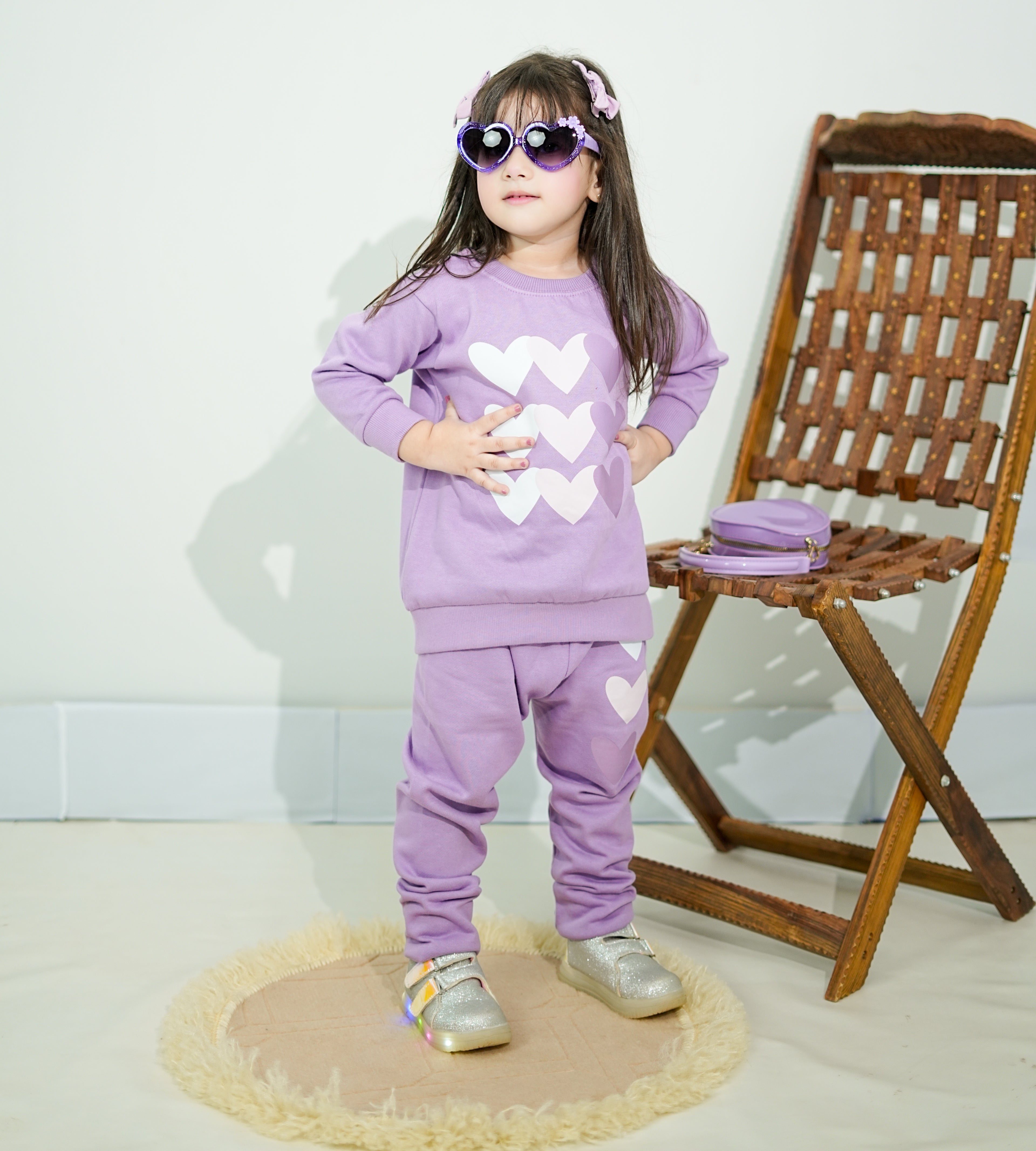 Plush Round Neck - Hearts Fleece Basic Set Purple