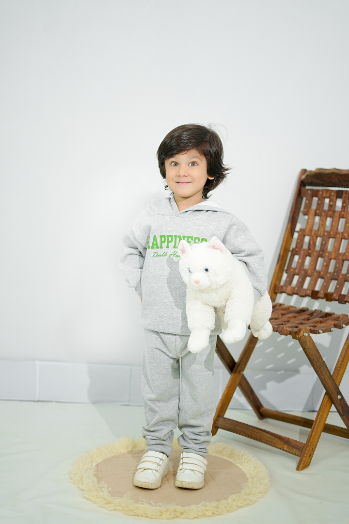 Plush Hoodie Style - Happiness Fleece Sweat Set Grey