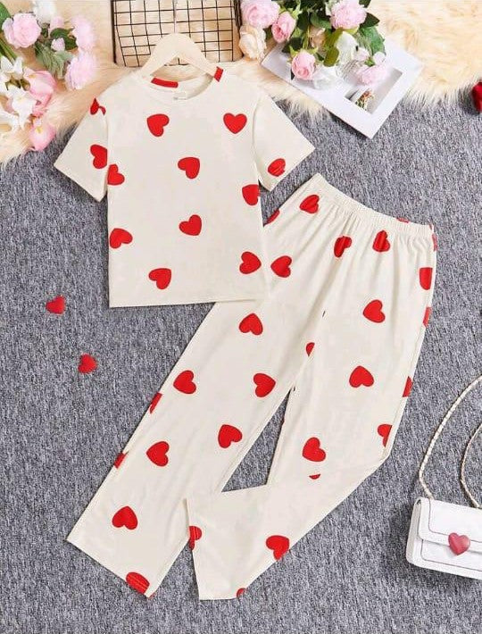 Night Suit - PJ Set Red Hearts Allover