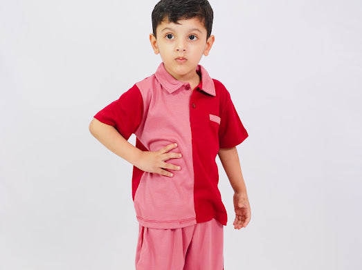 Plush-Baby Plaid Polo Shirt & Shorts-Red-Pink