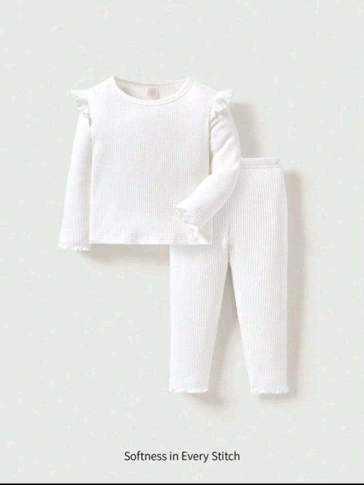 Plush Shoulder Frill Style Ribbed Knit Basic Set - White