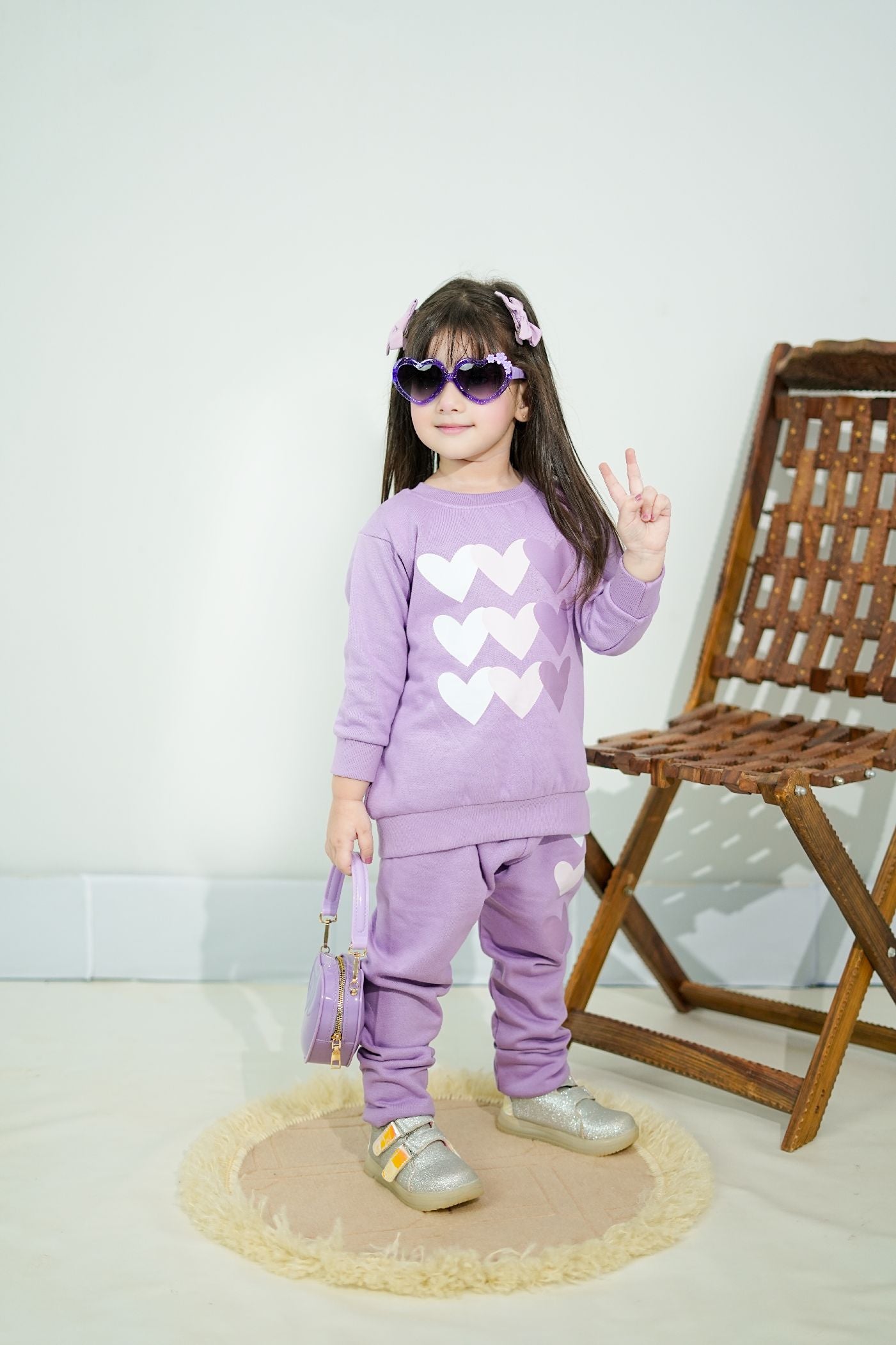 Plush Round Neck - Hearts Fleece Basic Set Purple