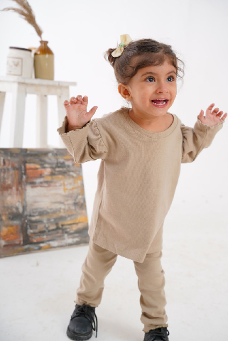 Plush Shoulder Frill Style Ribbed Knit Basic Set - Caramel